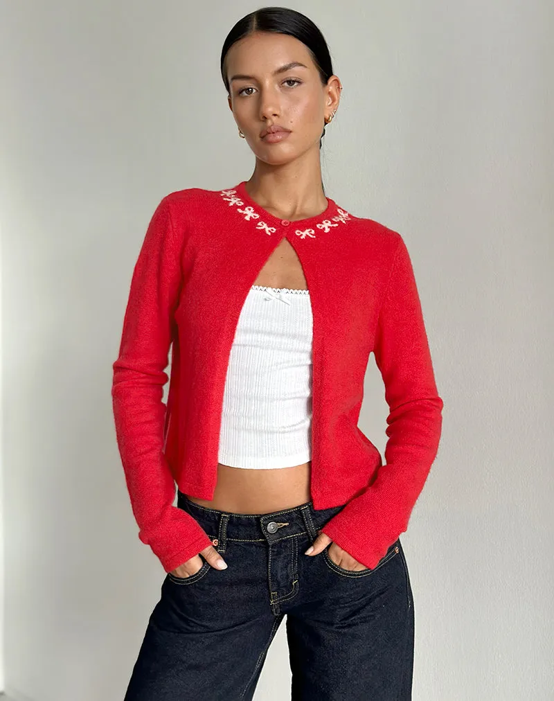 Wunara Cardigan in Red with Pink Bows sold by Motel Rocks