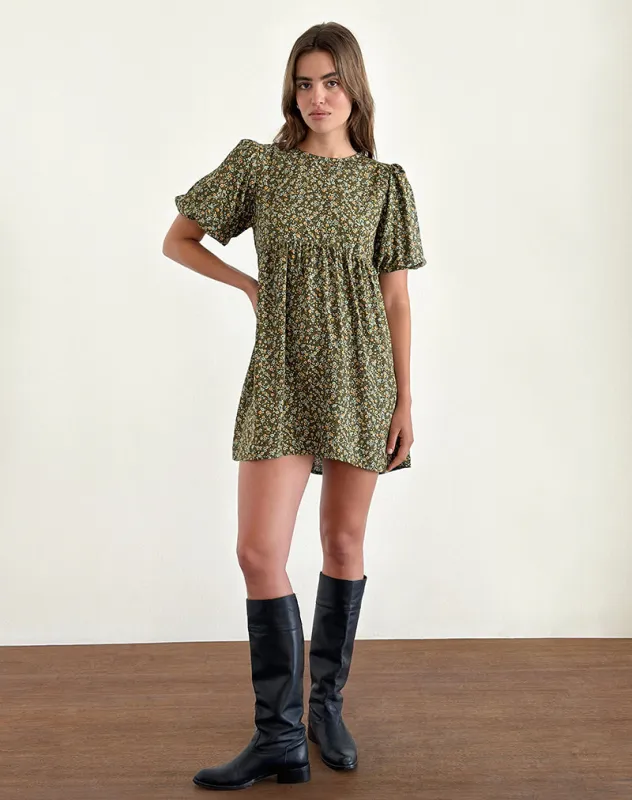 Marate Puff Sleeve Mini Dress in Grunge Floral Khaki sold by Motel Rocks