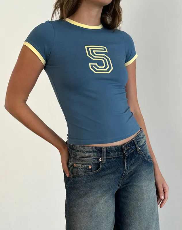 Sutin Tee in Blue with 5 Emblem and Yellow Lemonade Binding sold by Motel Rocks