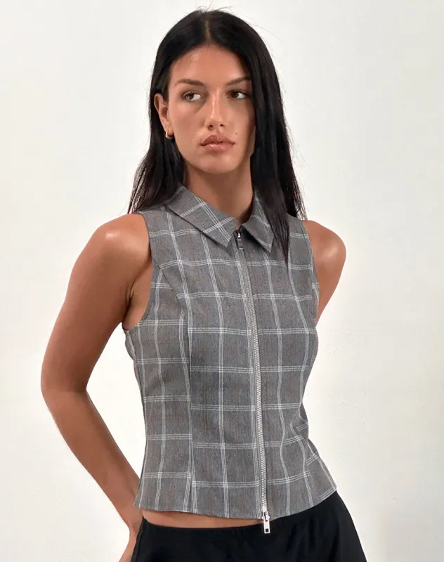 Janae Zip Vest Top in Grey Check sold by Motel Rocks