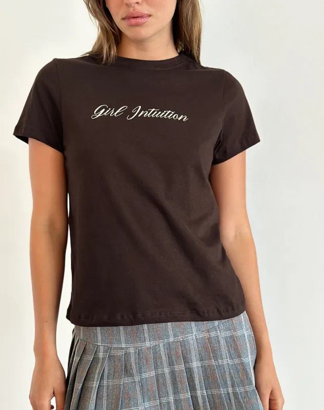 Saki Tee in Chocolate Brown with Girl Intuition Print sold by Motel Rocks