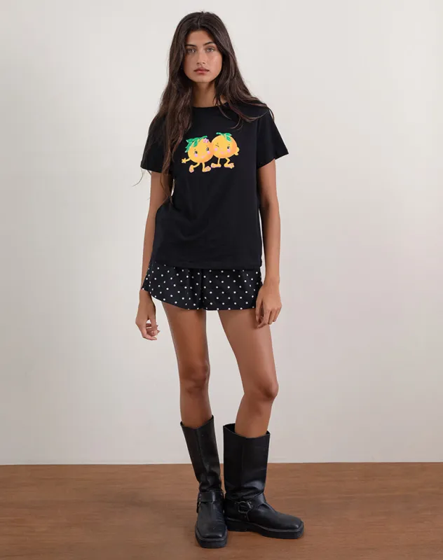 Saki Tee in Black with Printed Squeeze Me Orange sold by Motel Rocks