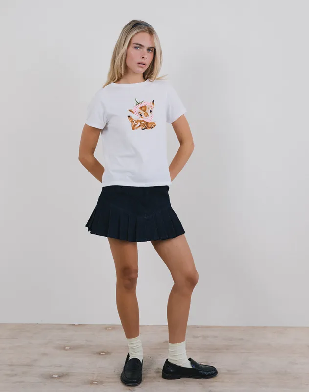 Saki Tee in White with Baby Deer Print sold by Motel Rocks