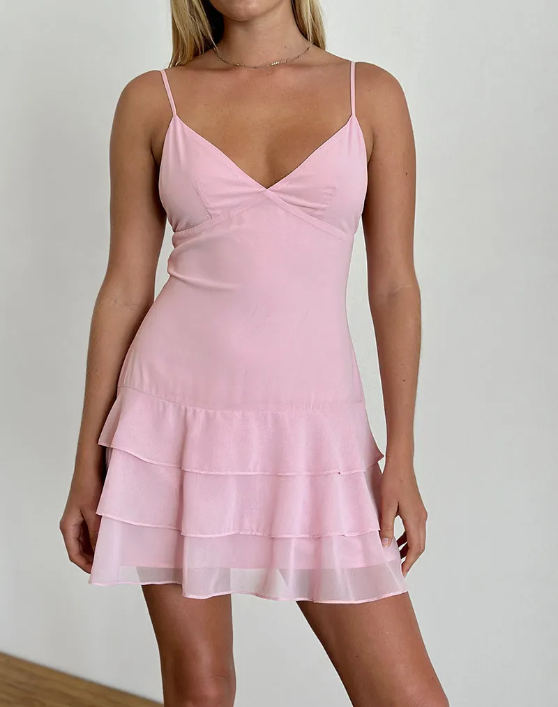 Riasi Ruffle Mini Dress in Chiffon Baby Pink sold by Motel Rocks