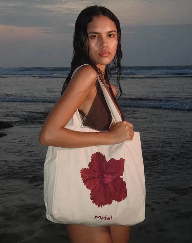 Barbara Tote Bag in Ivory with Hibiscus Print sold by Motel Rocks