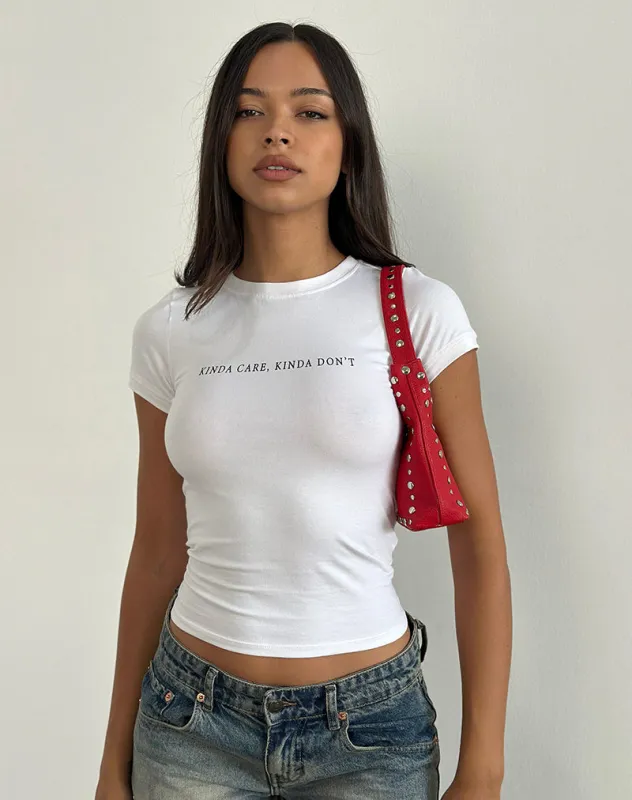 Sutin Top in White with Kinda Care Kinda Don't Graphic sold by Motel Rocks
