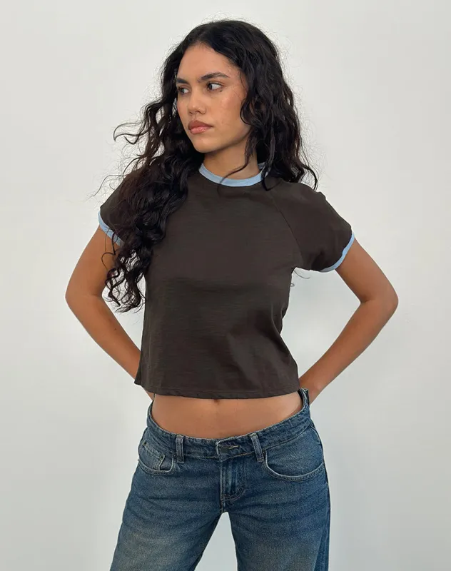 Atenga Tee in Chocolate Brown with Light Blue Binding sold by Motel Rocks