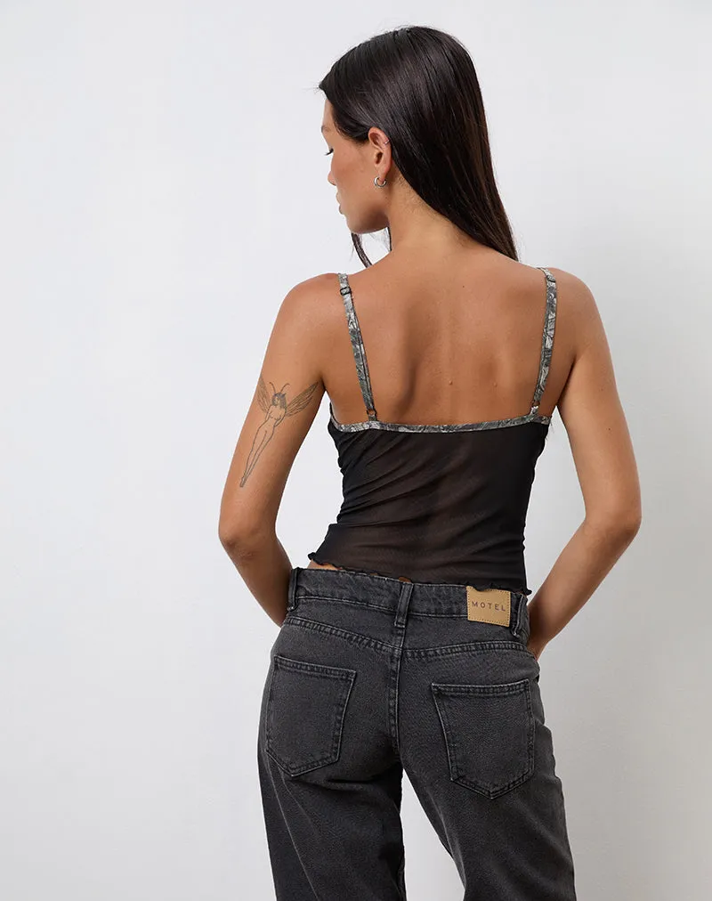Dalan Cami Top in Black Mesh with Forest Camo Trim sold by Motel Rocks product image thumbnail 4