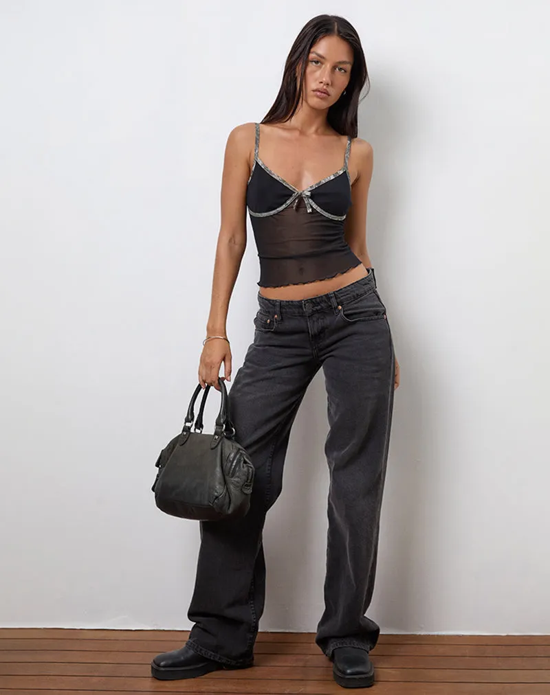 Dalan Cami Top in Black Mesh with Forest Camo Trim sold by Motel Rocks