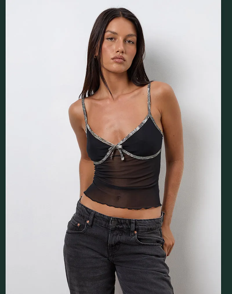 Dalan Cami Top in Black Mesh with Forest Camo Trim sold by Motel Rocks product image thumbnail 3