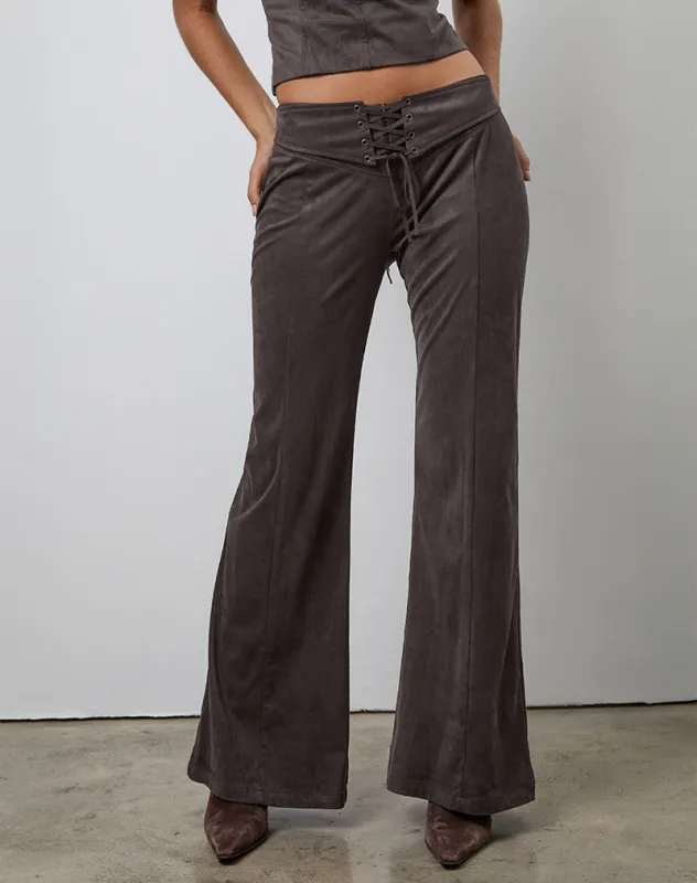 Vallen Trousers in Dark Faux Suede Chestnut sold by Motel Rocks