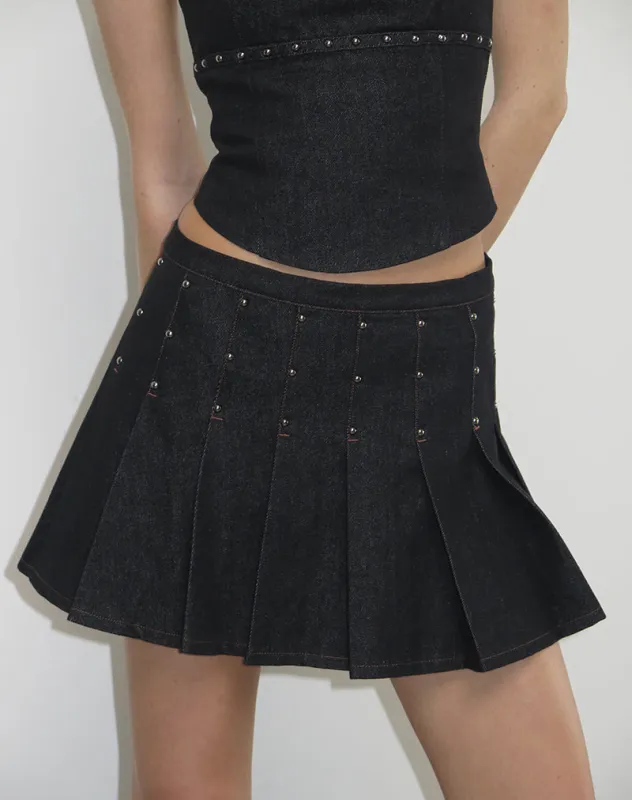 Gatlin Skirt in Chambray Studs Black sold by Motel Rocks