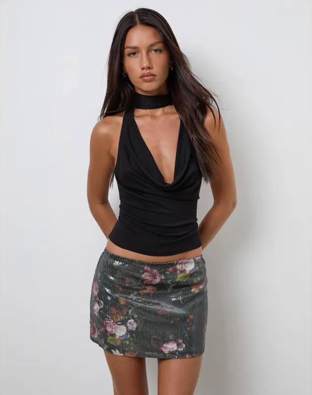 Nidya Mini Skirt in Sequin Vintage Flower sold by Motel Rocks