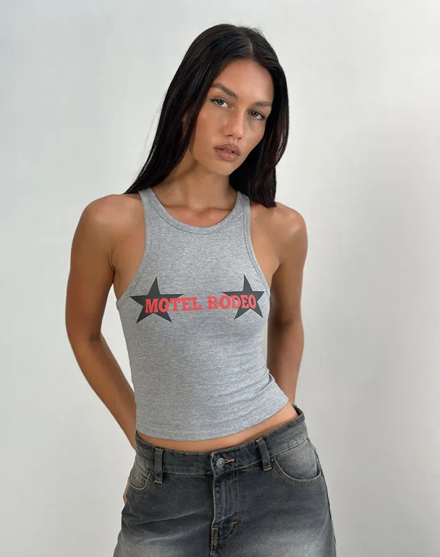 Carter Vest Top in Grey Marl with Motel Rodeo Graphic sold by Motel Rocks