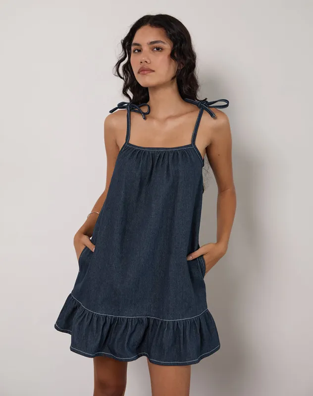 Carlisle Mini Dress in Chambray Indigo sold by Motel Rocks
