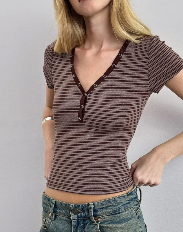 Yolla Top in Brown and Grey Stripe sold by Motel Rocks