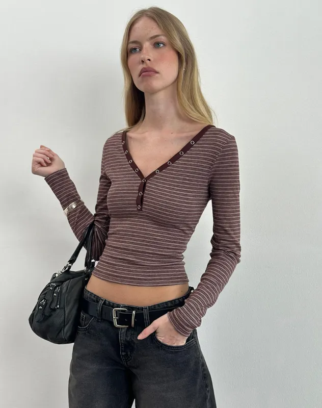 Yusi Long Sleeve Top in Brown and Grey Stripe sold by Motel Rocks