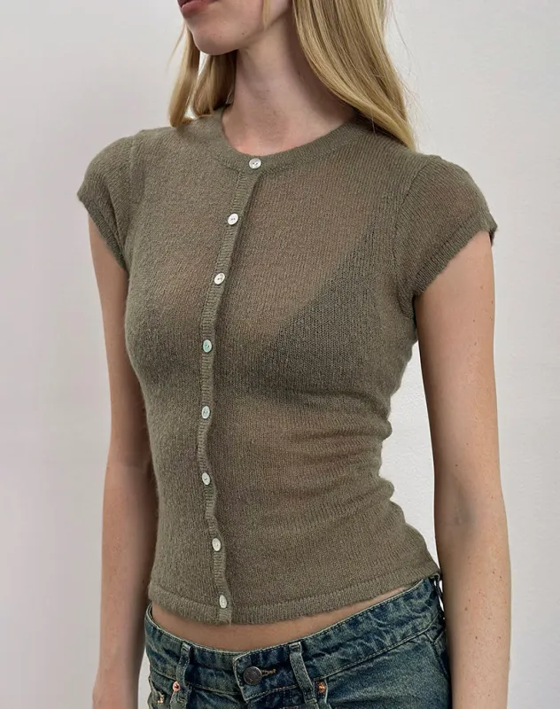 Elmira Top in Sheer Knit Khaki sold by Motel Rocks