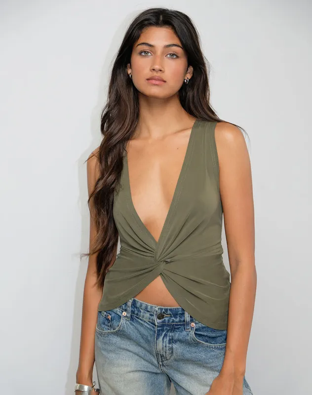Arlys Twist Detail Top in Cupro Khaki sold by Motel Rocks