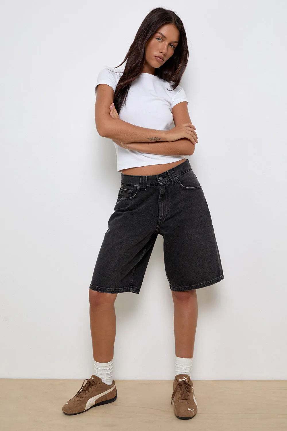 Low Rise Skater Shorts in Washed Black Grey Denim sold by Motel Rocks