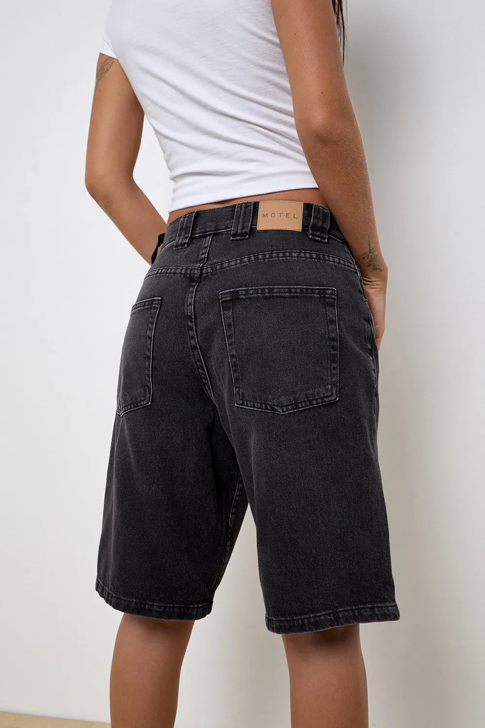 Low Rise Skater Shorts in Washed Black Grey Denim sold by Motel Rocks product image thumbnail 4