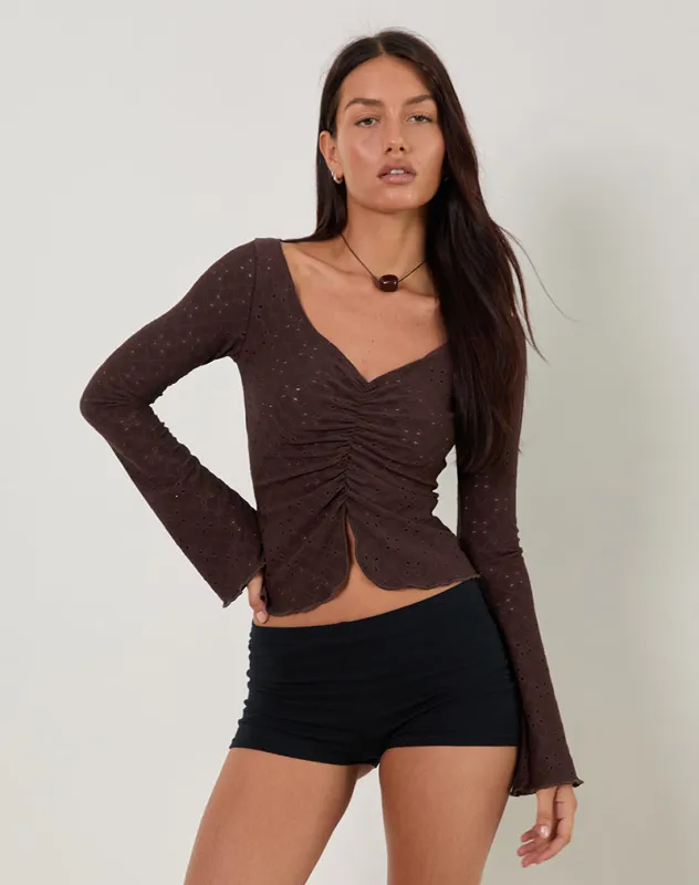 Flonne Ruched Top in Stretch Broderie Brown sold by Motel Rocks