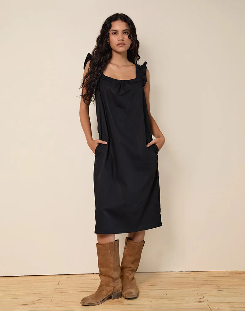 Merrily Smock Midi Dress in Poplin Black sold by Motel Rocks