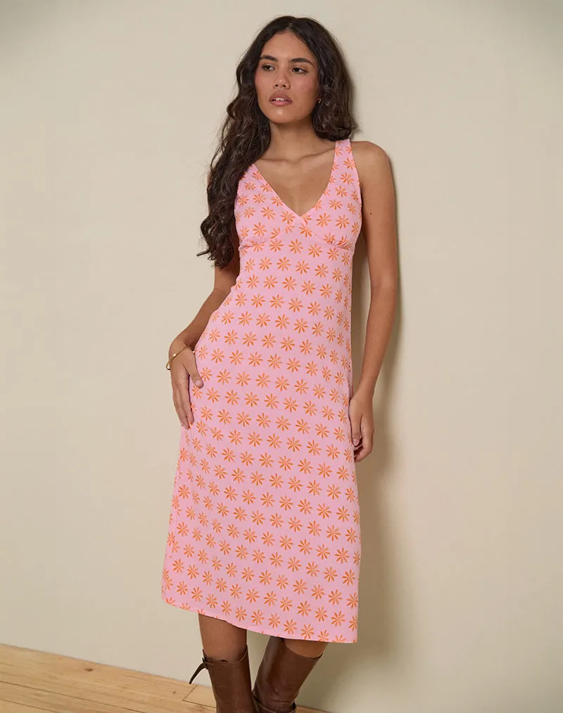Lisheva Midi Dress in Tile Flower Pink sold by Motel Rocks