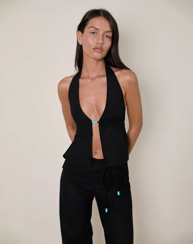 Syrma Backless Halterneck Top in Linen Black sold by Motel Rocks