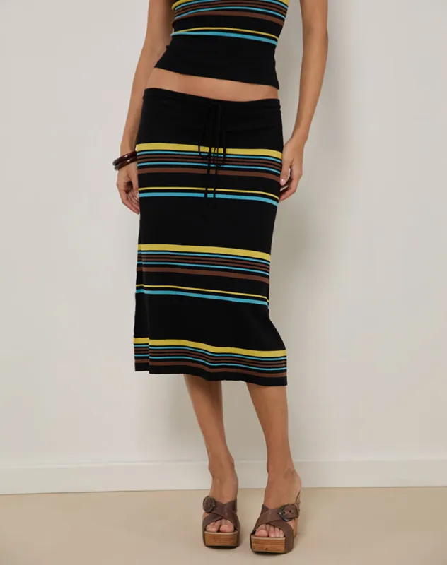 Amalia Midi Skirt in Black with Brown and Blue Stripes sold by Motel Rocks