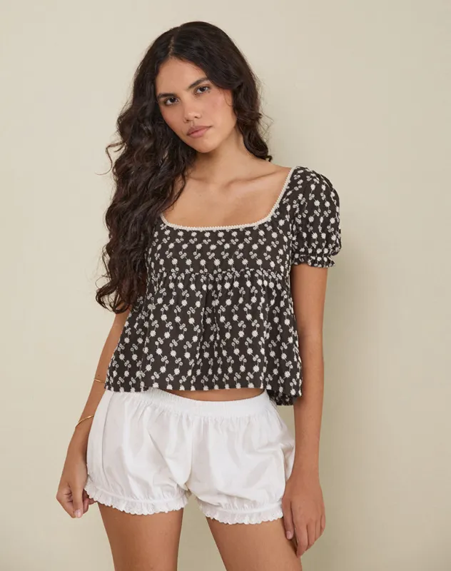 Axoni Square Neck Blouse in Floral Broderie Brown sold by Motel Rocks