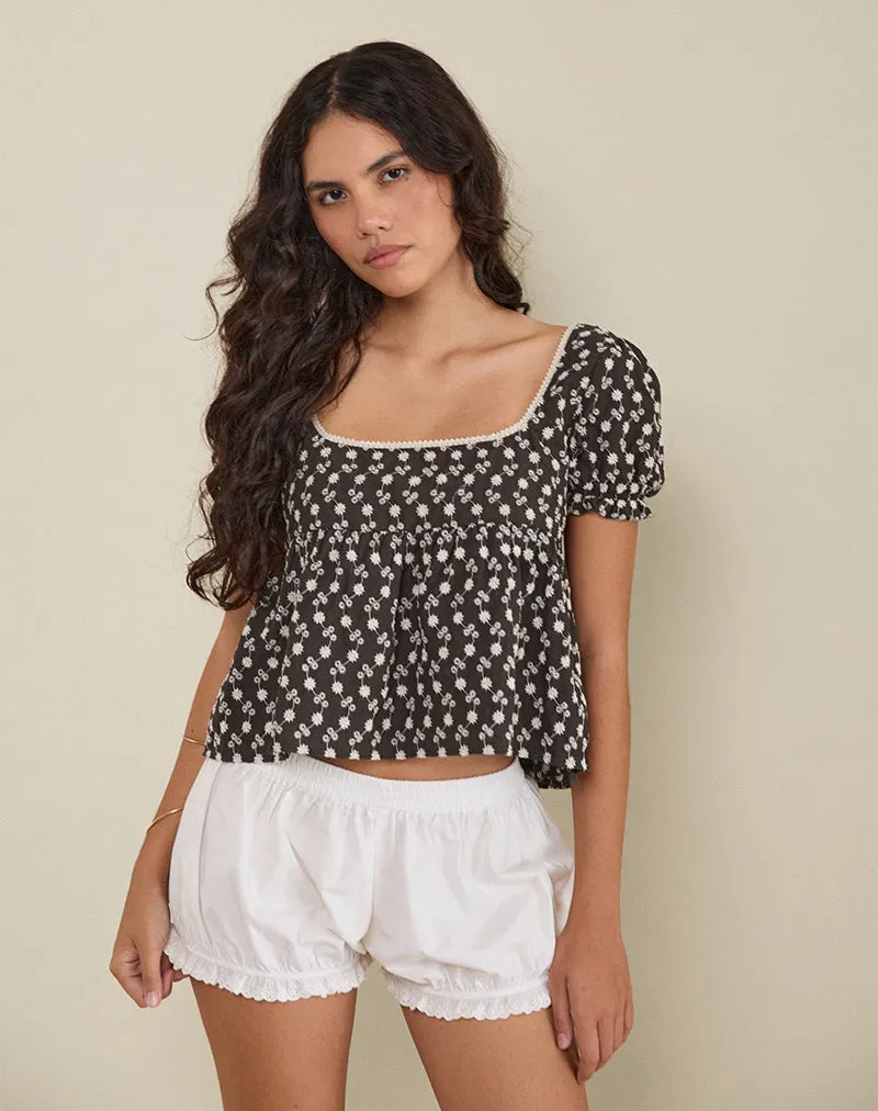 Axoni Square Neck Blouse in Floral Broderie Brown sold by Motel Rocks