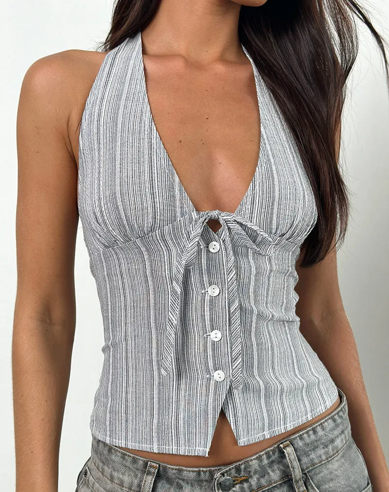 Miyuki Tie Front Halterneck Top in Woven Stripe Grey sold by Motel Rocks product image thumbnail 3
