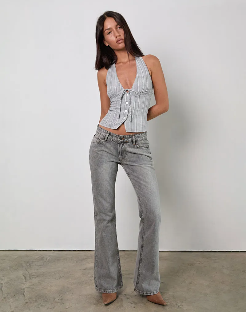 Miyuki Tie Front Halterneck Top in Woven Stripe Grey sold by Motel Rocks product image thumbnail 2