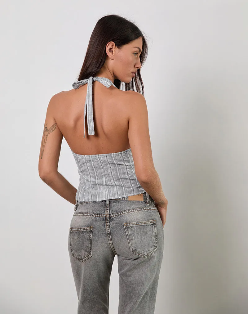 Miyuki Tie Front Halterneck Top in Woven Stripe Grey sold by Motel Rocks product image thumbnail 5