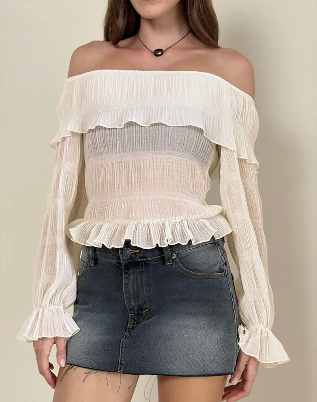 Kalena Long Sleeve Bardot Top in Chiffon Plisse Ivory sold by Motel Rocks