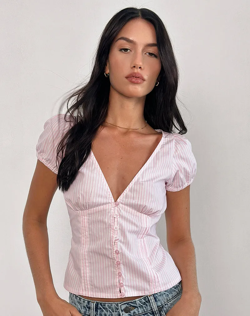 Inasha Top in Candy Pink Small Vertical Stripe sold by Motel Rocks