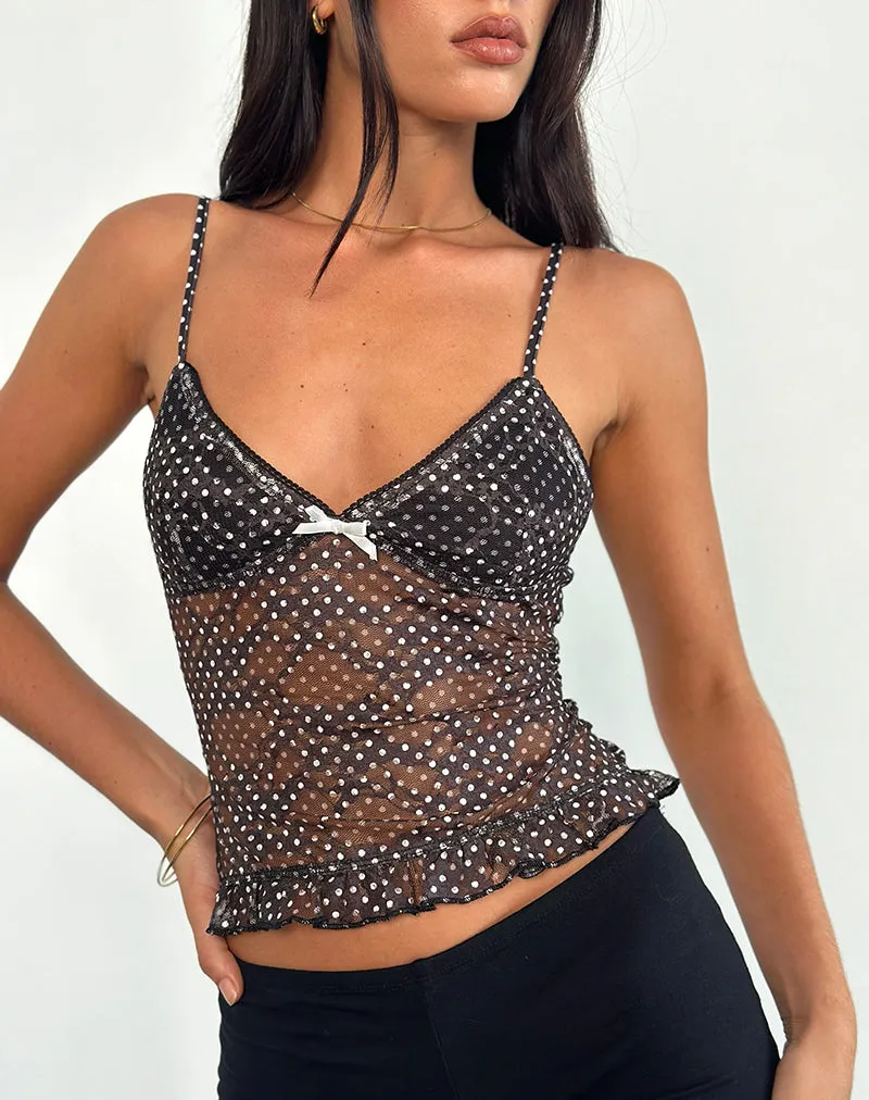 Rumaysa Cami Top in Mini Polka Black and White Printed Lace sold by Motel Rocks