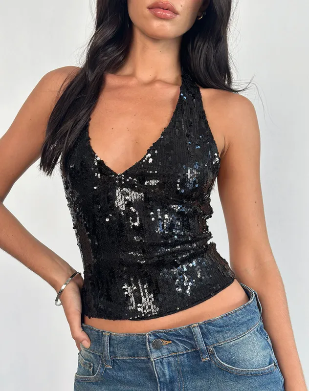 Cosio Halterneck Top in Mix Sequin Black sold by Motel Rocks