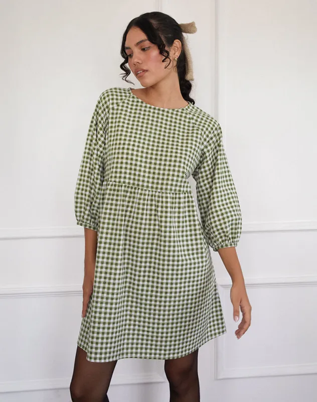 Grace Smock Mini Dress in Olive Gingham sold by Motel Rocks