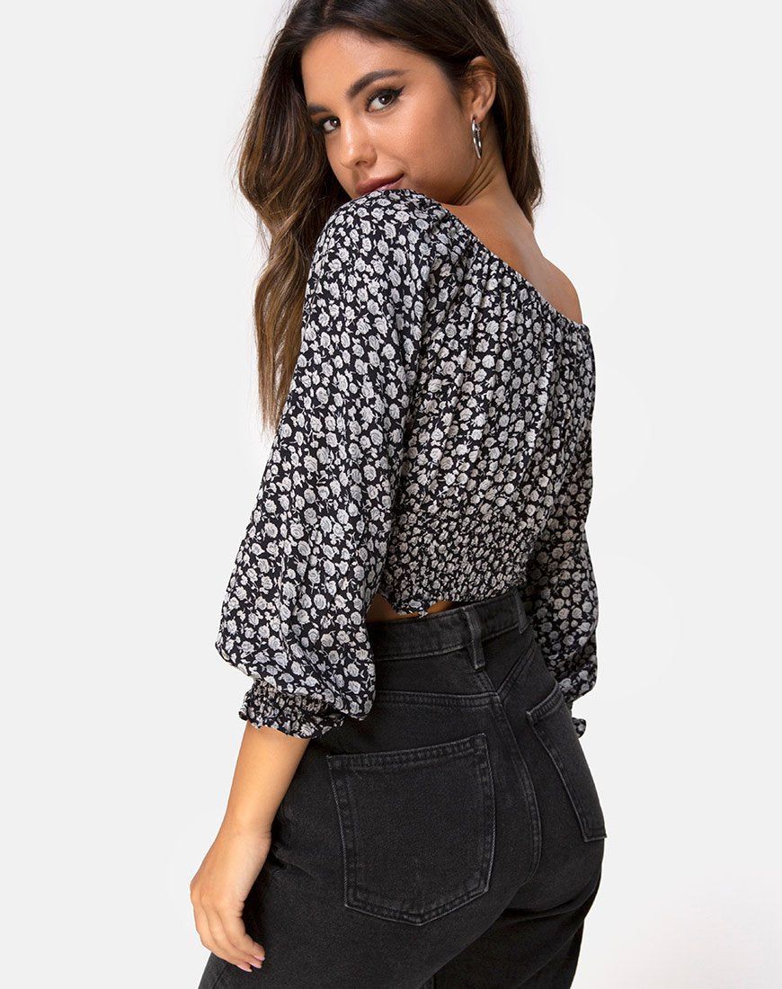 Lancer Crop Top in Ditsy Rose Black sold by Motel Rocks product image thumbnail 2