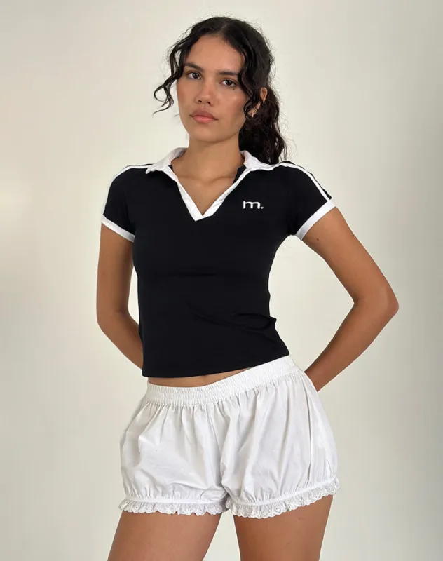 Isda Top in Black with White Binding and M Embroidery sold by Motel Rocks