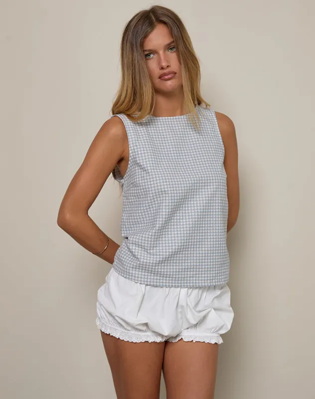 Pasila Top in Mini Gingham Blue and Grey sold by Motel Rocks