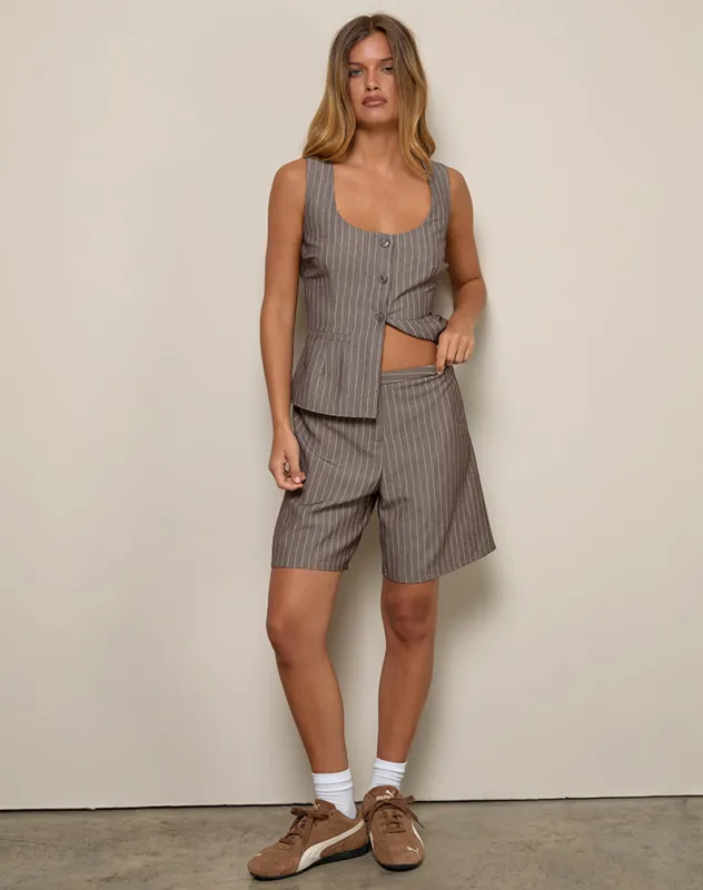 Sarun Longline Short in Pinstripe Brown sold by Motel Rocks