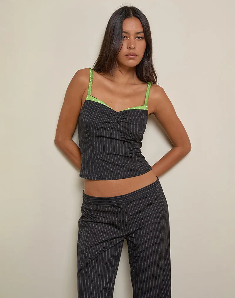 Elsa Top in Pinstripe Black with Green Binding sold by Motel Rocks