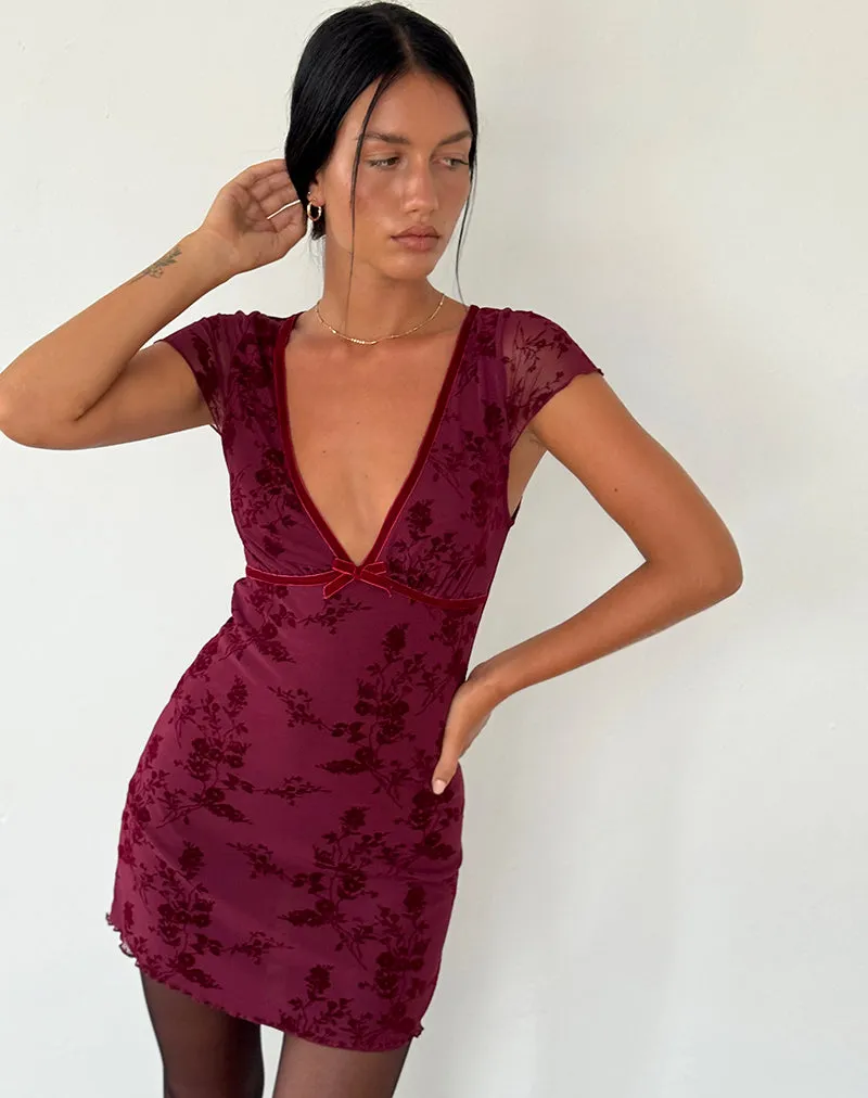 Evilia Dress in Botanical Flower Maroon sold by Motel Rocks