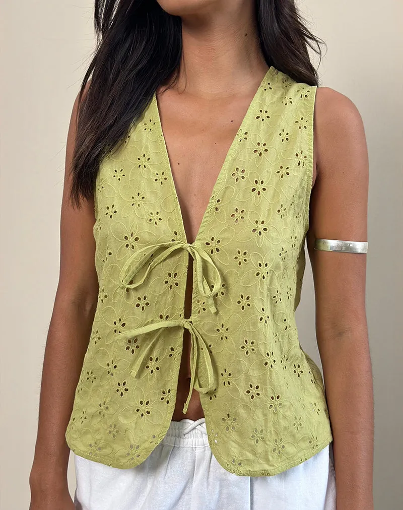Kayve Tie-Front Top in Little Daisy Broderie Lime sold by Motel Rocks