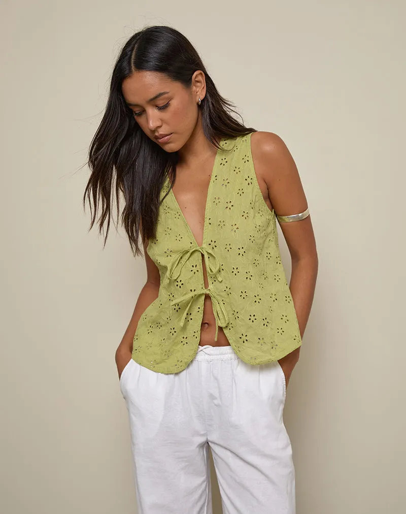 Kayve Tie-Front Top in Little Daisy Broderie Lime sold by Motel Rocks product image thumbnail 3