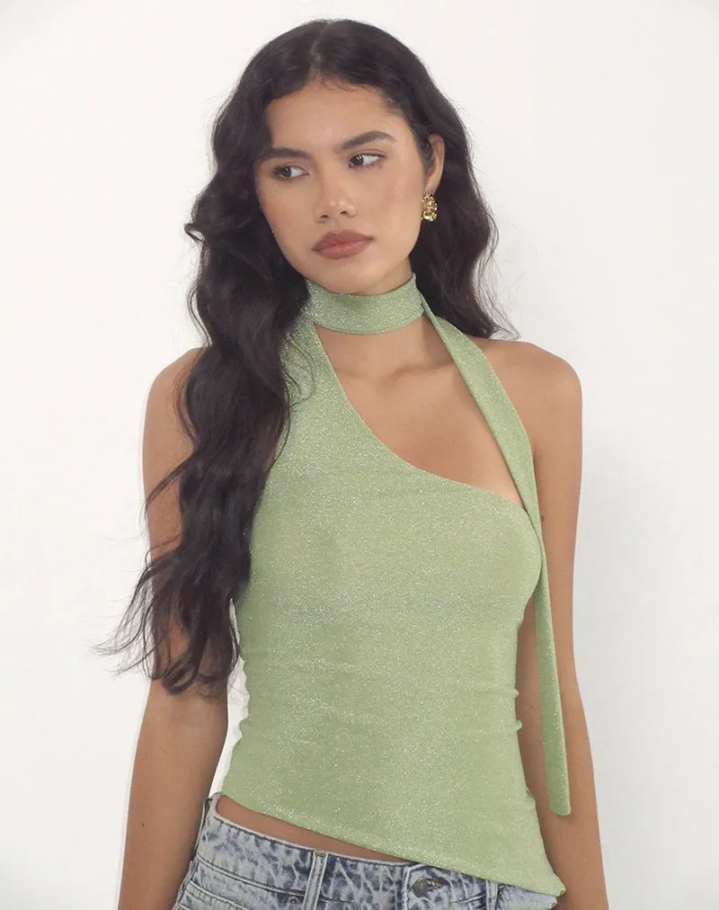 Karasi Tie Neck Top in Shimmer Lurex Green sold by Motel Rocks