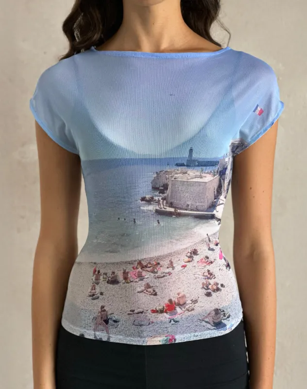 Nova Top in Printed Mesh Cote D'Azur Blue Graphic sold by Motel Rocks